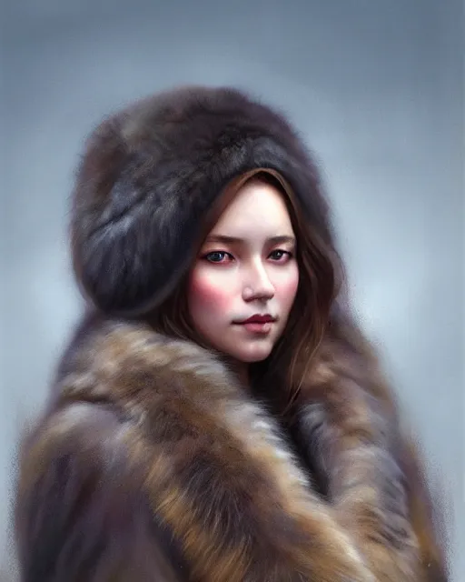 Image similar to a beautiful siberian girl with bear fur coat | | realistic shaded, unpleasant face, bad looking, fine details, realistic shaded lighting poster by greg rutkowski, magali villeneuve, artgerm, jeremy lipkin and michael garmash and rob rey