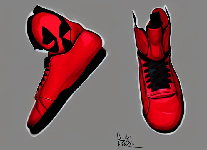 Image similar to basketball sneakers concept of deadpool, trending on artstation, smooth, sharp focus