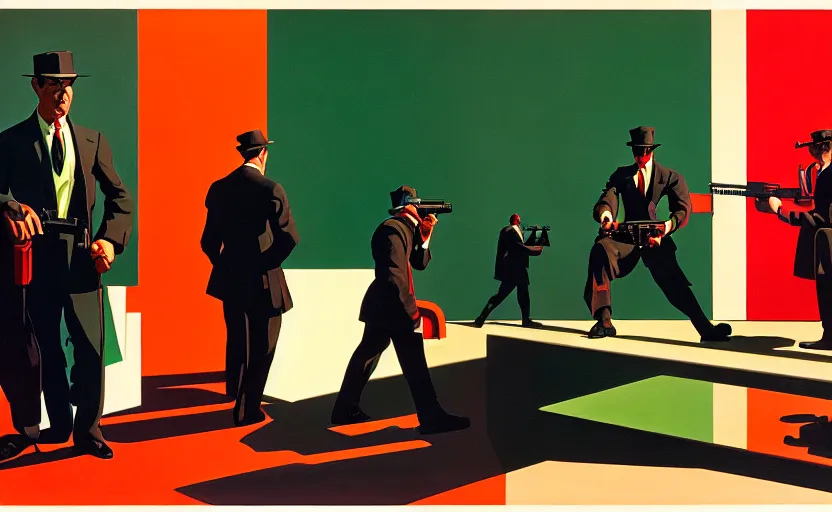 Image similar to by syd mead, pedestal with exhibit ak 4 7 and men's in suit's around, soft light, red + green colours, golden facture, high quality details, perspective, denoise deep depth of field