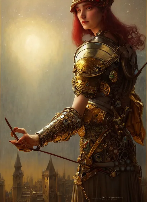 Image similar to hyper realistic knight casting a spell, refined details, denoised, birds eye view, magical, gems, jewels, gold, steampunk, cyberpunk utopia, painted by tom bagshaw, mucha, gaston bussiere, craig mullins, j. c. leyendecker 8 k