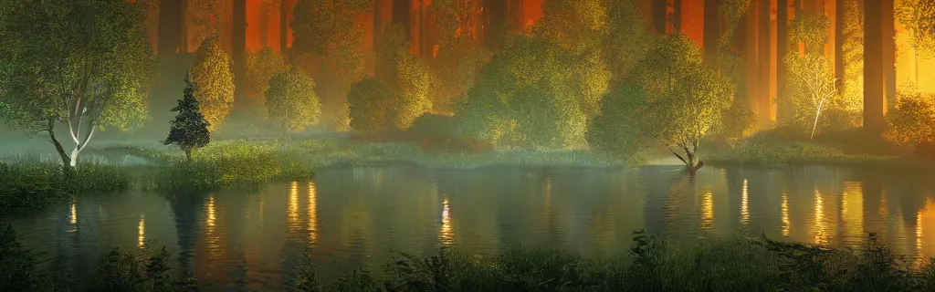 Prompt: matte painting,fantasy forest of glowing trees and glowing flying insects, a lake reflecting the lights, myst on the air, cinematic feel, hyper realistic, high detail, blender render .