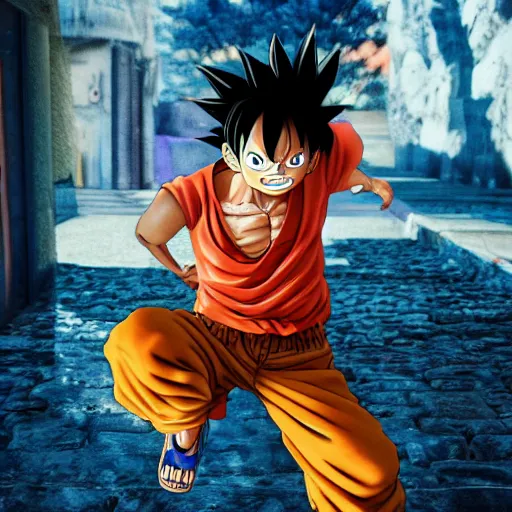 Image similar to luffy dapping up goku in the hood, hyper realistic, 4 k, ultra detailed, intricate, octane render, award winning, magazine spread,