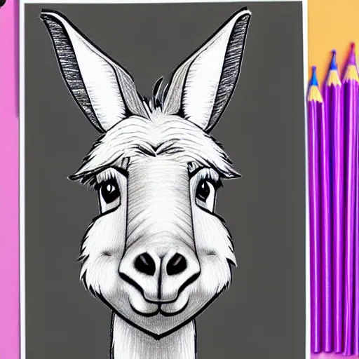 Image similar to cute cheerful donkey, colouring - in sheet, concept design, character art, sharp focus, highly detailed, artstation