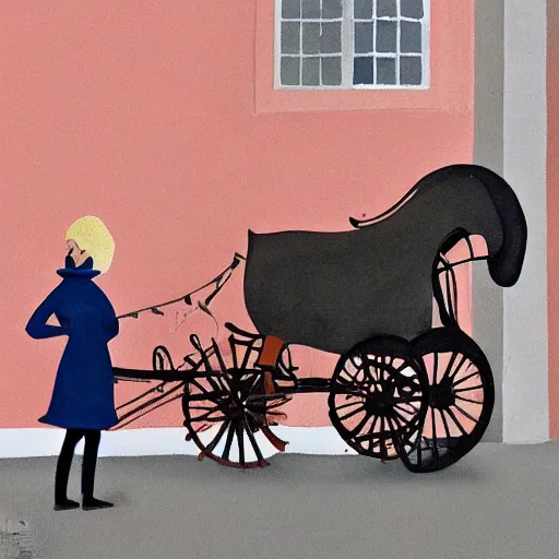 Prompt: so she came around the corner, peeked and just about caught a glimpse of the disappearing carriage leaving the scene of the mystery gouache painting illustration