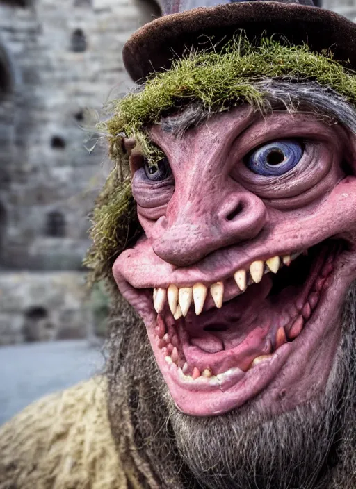 Image similar to closeup portrait of a grinning drunken medieval goblin in the cloisters, depth of field, zeiss lens, detailed, symmetrical, centered, fashion photoshoot, by annie leibovitz and steve mccurry, david lazar, jimmy nelsson, breathtaking, 8 k resolution, extremely detailed, beautiful, establishing shot, artistic, hyperrealistic, beautiful face, octane render