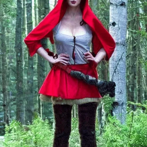 Prompt: full body photo of red riding hood as a werewolf hunter