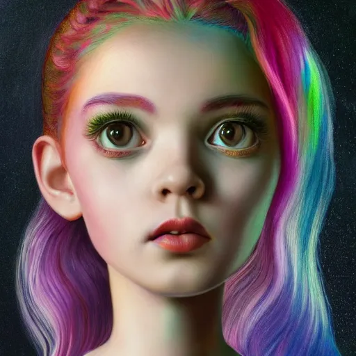 Prompt: an intelligent beautiful young girl with rainbow hair looking at the camera, she has a cute face, intricate, elegant, highly detailed, digital painting, artstation, concept art, smooth, sharp focus, illustration, art by mark ryden and lucian freud 3 d 8 k ultra detailed