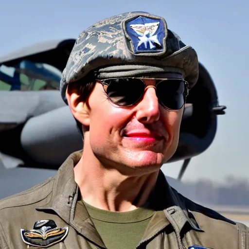 Image similar to Tom cruise as an air-force combat pilot at a military aircraft exhibition, journalistic photography, Flight magazine