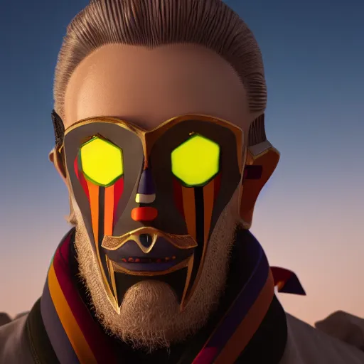 Image similar to a hyperrealistic 3d render of an aryan wizard with a goatee, wearing a harlequin mask. intricate details. arnold render. Trending on ArtStation. Centered. Vivid cinematic lighting. Desert background. In the style of LaVista.