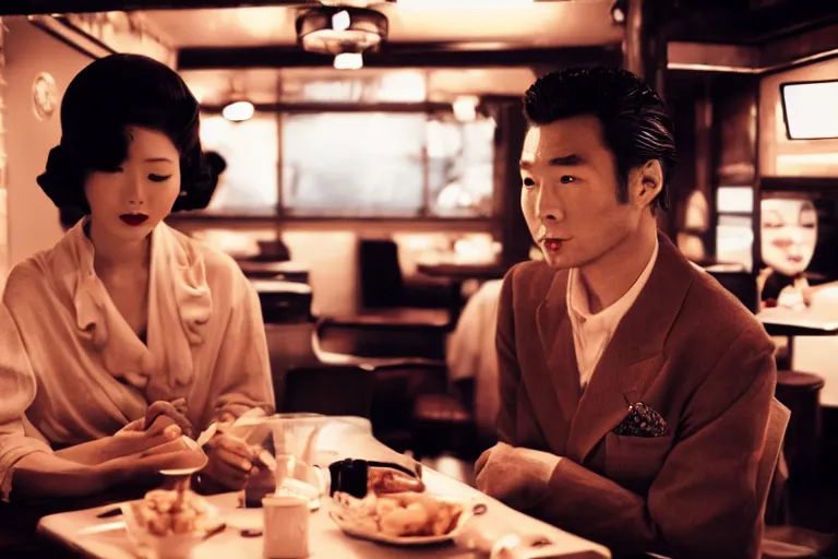 Image similar to movie interior closeup beautiful Japanese models couple closeup sitting and at 50s diner, night in the city, beautiful skin, by Emmanuel Lubezki