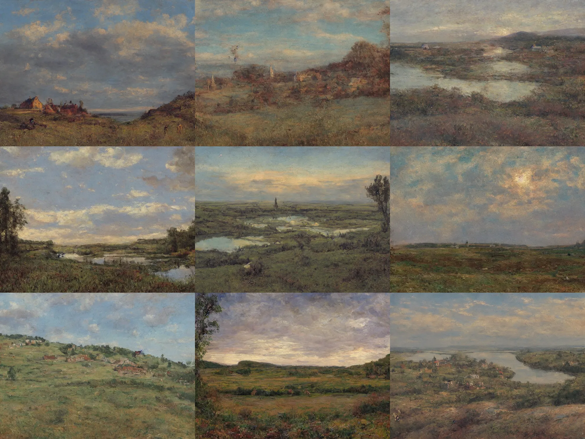 Prompt: russian academic landscape painting 1880s, wide river and tiny house on the top of the hill, epic wide sky and horzon, andrey tarkovsky, 70s, pastel colors, cinematic, ultra view angle view, 'Nad vechnim pokoem' painting by isaac levitan and nikolay nissky