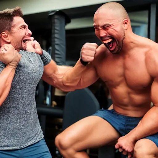 Image similar to Buff dude laughing while being punched by a skinny weak dude.