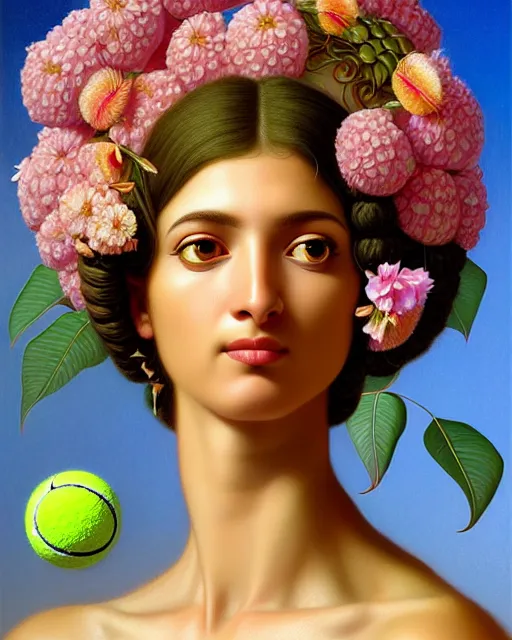 Image similar to portrait of the goddess of tennis, unusual beauty, flowers and plants, emotionally evoking symbolic metaphors, head in focus, fantasy, ornamental, intricate, elegant, sensual, highly detailed digital painting, artstation, concept art, painterly, golden ratio, sharp focus, illustration, art by John William Godward and Boris Vallejo and Zdzisław Beksiński,