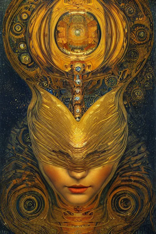 Image similar to Machinery of Fate by Karol Bak, Jean Deville, Gustav Klimt, and Vincent Van Gogh, enigma, otherworldly, fractal structures, prophecy, ornate gilded medieval icon, third eye, spirals