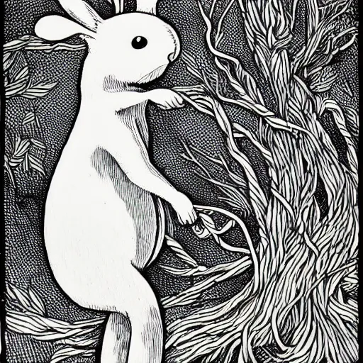 Prompt: precisely drawn, fine detailed, intense line work, drawing of a white bunny smoking a big cigarette in the deep tangled forest, by edward gorey, black ink on white paper