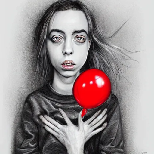 Prompt: surrealism grunge cartoon portrait sketch of billie eilish with a wide smile and a red balloon by - michael karcz, loony toons style, dr seuss style, horror theme, detailed, elegant, intricate