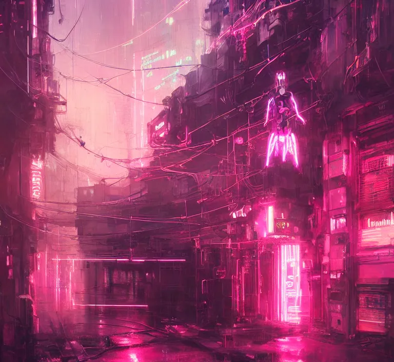 Prompt: glowing pink robot cyborg unicorn, many wires and neon lights exposed, metal and glowing eyes, cyberpunk, highly detailed painting by jeremy mann and cd projekt red