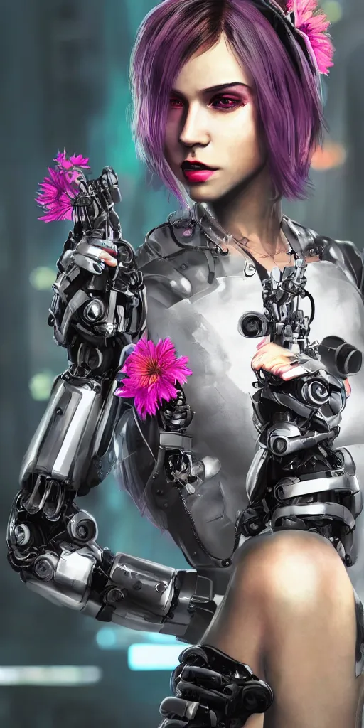 Image similar to Cyber punk 2077 robot girl, very beautiful portrait, Detroit game style, woman wrapped in flowers lily, photorealism