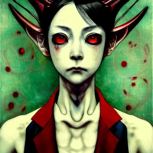 Image similar to yoshitaka amano blurred and dreamy realistic three quarter angle horror portrait of a sinister young woman with short hair, horns and red eyes wearing office suit with tie, junji ito abstract patterns in the background, satoshi kon anime, noisy film grain effect, highly detailed, renaissance oil painting, weird portrait angle, blurred lost edges