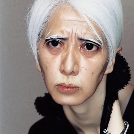 Image similar to A young woman with black and white hair looking disgusted away from the camera, Portrait by Noriyoshi Ohrai