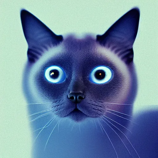 Prompt: aesthetic Siamese cat, detailed Siamese cat inside gradient blue luminescent fractal, digital art, octane render, 4k, hd, - - cfg_scale 3 - - steps 5 - - i - S 3427175990