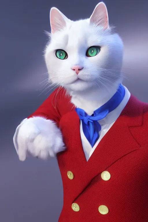 Image similar to a white cat with blue eyes wearing a red formal overcoat, hyperrealistic, concept art, octane render, unreal engine 5, realistic and defined face, profile picture, digital art, pixar and disney style, symmetrical, high quality, highly detailed, high coherence, path traced, house background, low contrast, beautiful