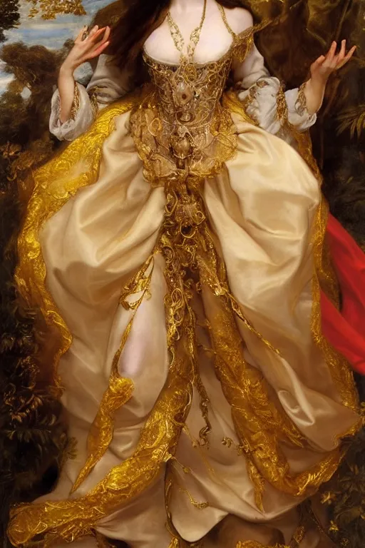 Image similar to Gorgeous full-body renaissance portrait of Sasha Grey as a queen of fantasy kingdom, front view, gold, artstation, very beautiful, luxurious, impressive, soft light, by Anthony van Dyck and Daniel Gerhartz
