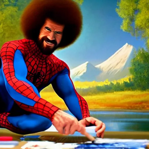 Image similar to a closeup photorealistic photograph of bob ross working on a canvas painting of spiderman. film still. brightly lit scene. mountains and trees. this 4 k hd image is trending on artstation, featured on behance, well - rendered, extra crisp, features intricate detail, epic composition and the style of unreal engine.