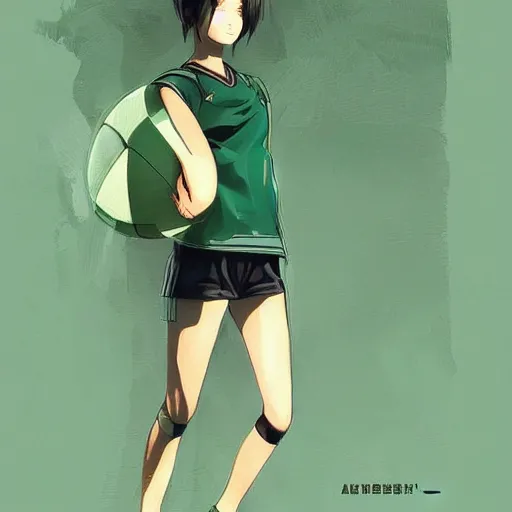 Prompt: shirt art, frame around picture, manga style, realistic lighting, futuristic solid colors, made by ilya kuvshinov, sold on sukebannyc, from arknights, female beach volley player, elegant, round eyes, sport clothing, sneaker shoes, simple green background