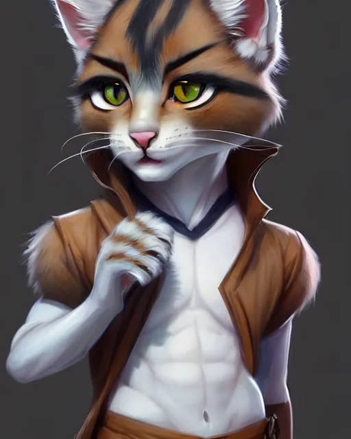 Image similar to character concept art of a young male anthropomorphic furry cat | | cute - fine - face, pretty face, key visual, realistic shaded perfect face, fine details by stanley artgerm lau, wlop, rossdraws, james jean, andrei riabovitchev, marc simonetti, and sakimichan, trending on artstation