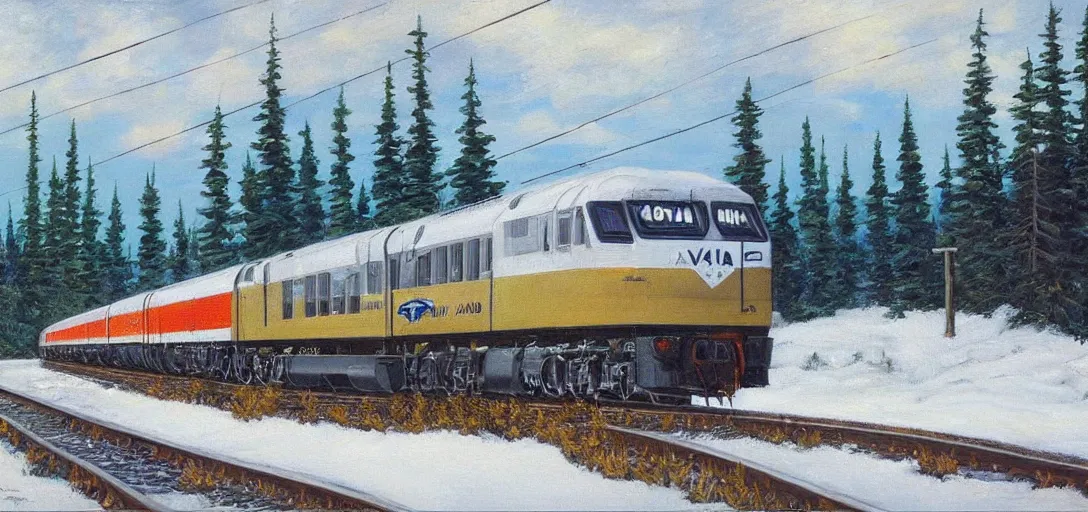 Prompt: a via rail!!! f - 4 0 ph - 2 d leaving sainte - foy station in 1 9 9 2, by bob ross, peaceful, hopeful, oil painting!!