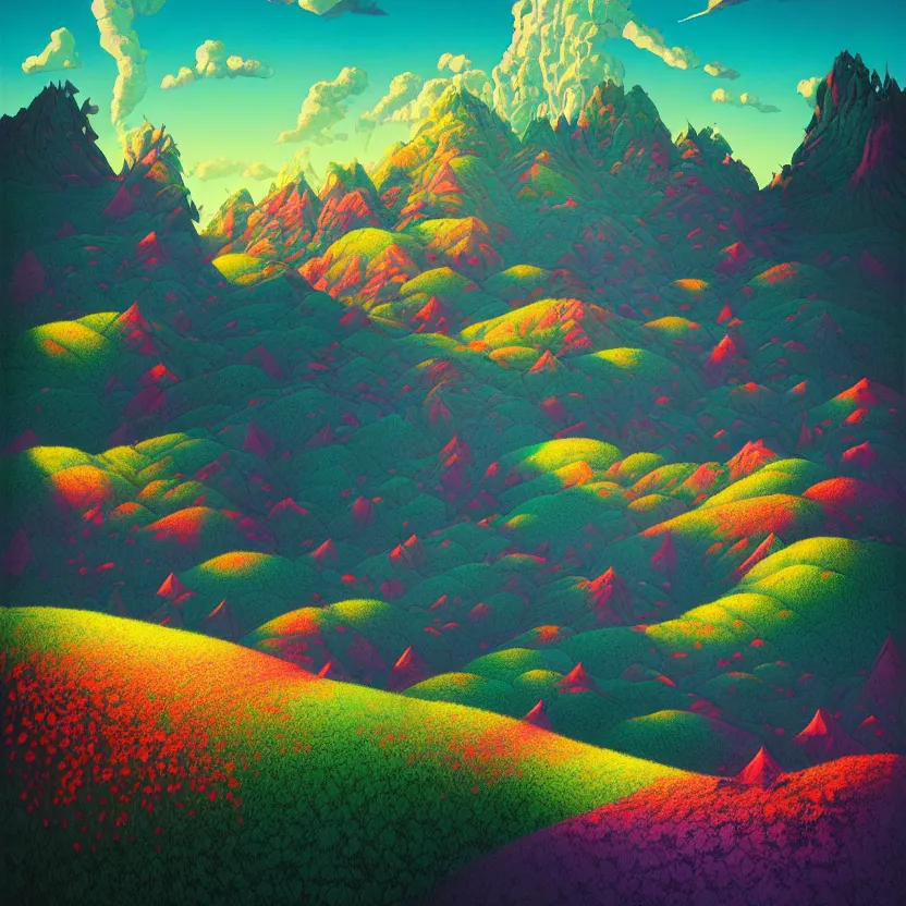 Prompt: kinabalu mountain, summer morning, very coherent and colorful high contrast, art by! gediminas pranckevicius! geof darrow, pastel color, volumetric lighting, cinematic, floralpunk screen printing woodblock, dark shadows, hard lighting, stippling art