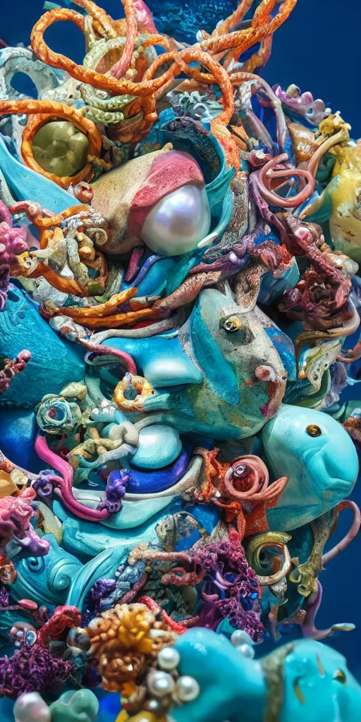 Prompt: closeup photograph of a surrealist sculpture fish intertwined, a lovely cornucopia of flowers and shark, ocean, paint pour, swirling paint, muted color palette, skin tones, highly detailed, octane render, cinematic, super resolution, rich, vibrant, pearl