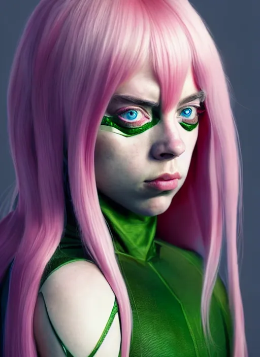 Prompt: Billie Eilish as Female Loki, beautiful facial symmetry, rose pink skin, very detailed, digital art, trending on artstation, smooth render, 8k octane render, digital illustration, by Katsuhiro Otomo and Shigeru Miyamoto and Ian Sprigger