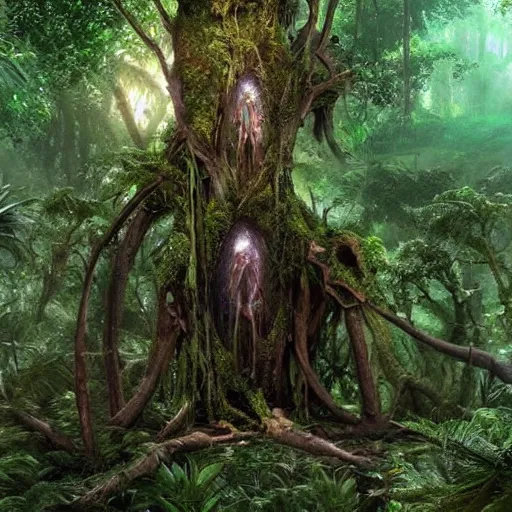 Prompt: horrific portal to another world embedded in a terrifying tree in a densely overgrown jungle, fantasy, dreamlike sunraise, ultra realistic, atmospheric, stopped in time, epic