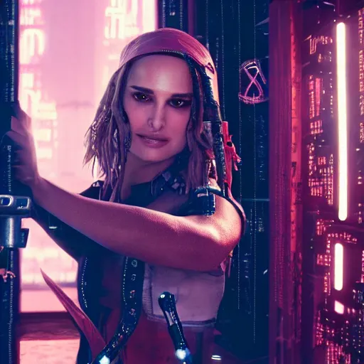 Prompt: a high quality portrait of natalie portman as a pirate in a cyberpunk cyberpunk cyberpunk cafe, realism, 8k, award winning photo