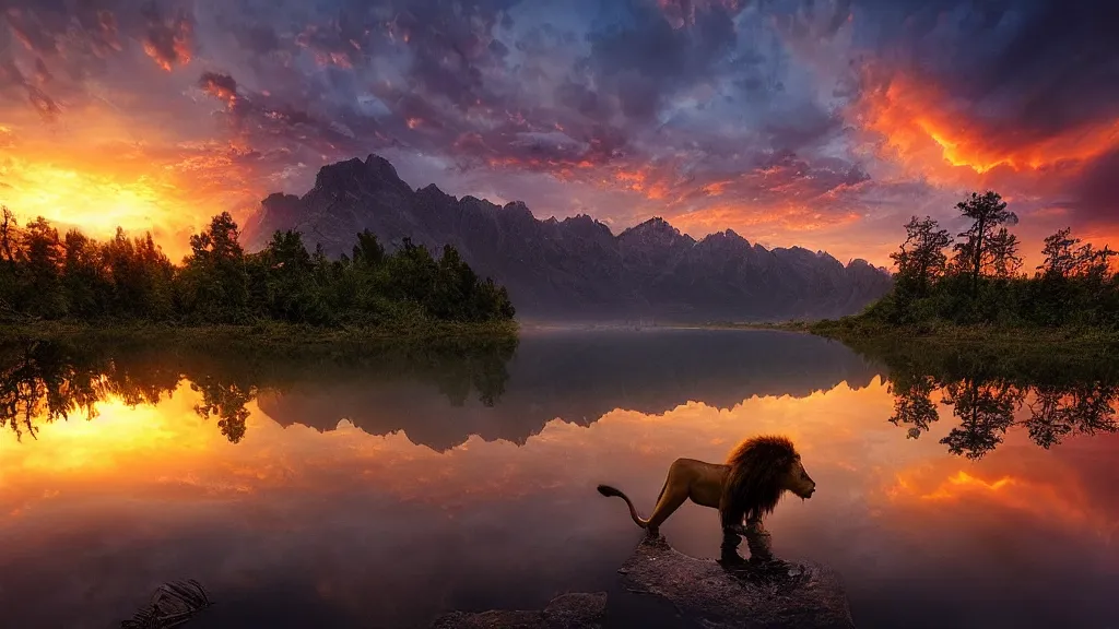 Image similar to amazing landscape photo of a lion bathing in a lake in sunset by marc adamus, beautiful dramatic lighting