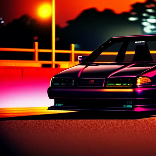 Image similar to a car JZX100 at illegal car meet, Saitama prefecture, city sunset mist neon lights, cinematic color, photorealistic, highly detailed, 200MM