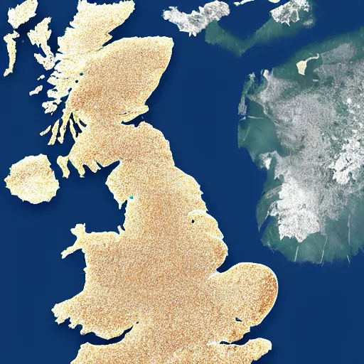 Prompt: map of the uk from space after climate change has destroyed the planet