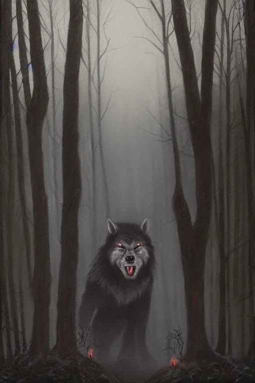 Image similar to dark and spooky woods featuring a menacing werewolf with glowing white eyes. atmospheric, foggy, oil painting on canvas. fairytale