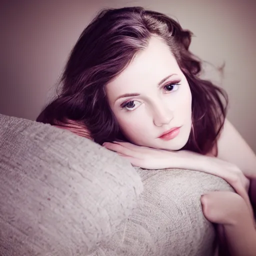 Prompt: Beautiful young pale brunette woman lounging, photoshoot, 30mm, Taken with a Pentax1000, studio lighting