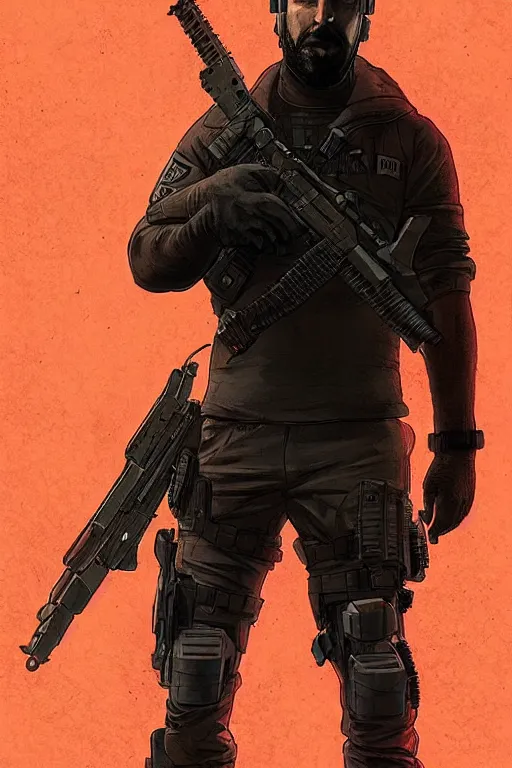 Image similar to Javier. smug blackops mercenary in tactical gear and cyberpunk headset. Blade Runner 2049. concept art by James Gurney and Mœbius.