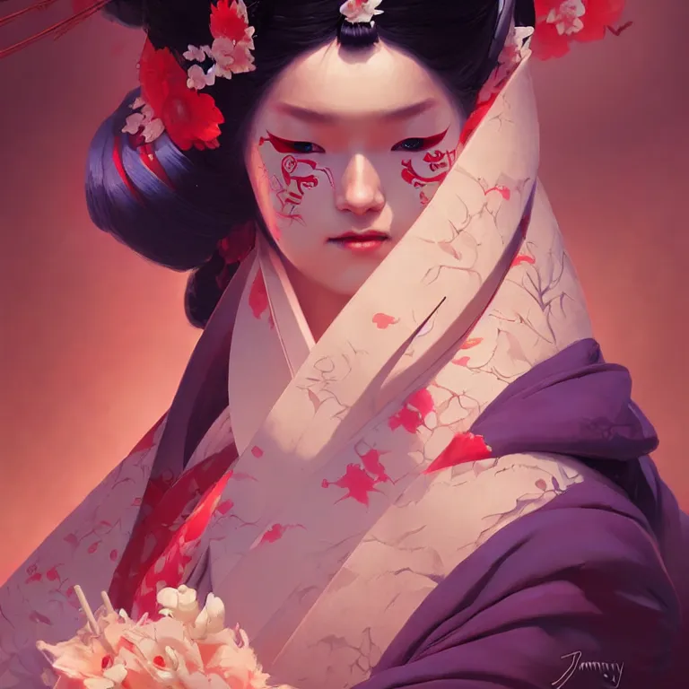 Prompt: a pretty geisha, d & d digital painting, ultra realistic, beautiful, rim lighting, cell shading, by james jean, greg rutkowski, wlop