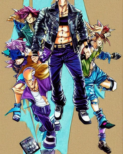 Image similar to Digital color pen drawing of Vin Diesel walking like a Italian model in JoJo\'s Bizzare Adventure anime style, official JoJo\'s Bizzare Adventure, highly detailed, sharp focus, screentone shading, sligthly hard shadows, 1990 manga panel, trending on ArtStation, manga cover art drawn by Hirohiko Araki