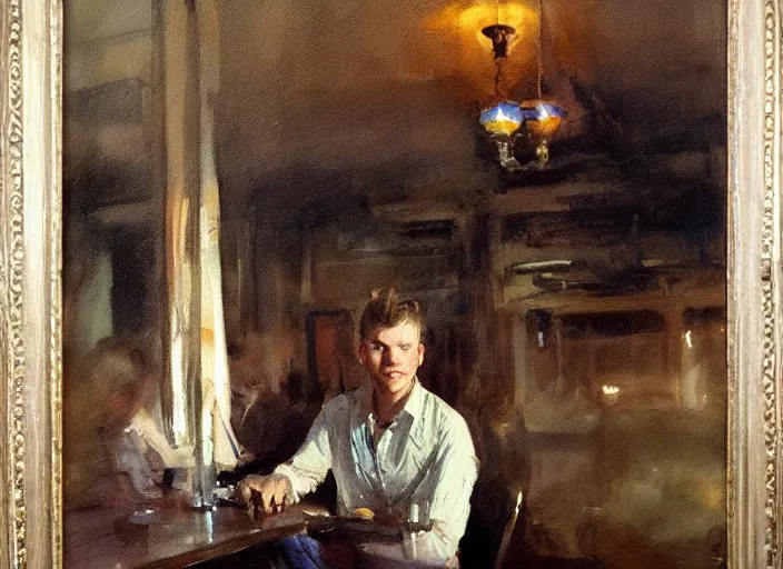 Prompt: oil watercolor painting of young guy in western bar, mysterious light, art by anders zorn, wonderful masterpiece by greg rutkowski, beautiful cinematic light, american romanticism by greg manchess, creation by tyler edlin