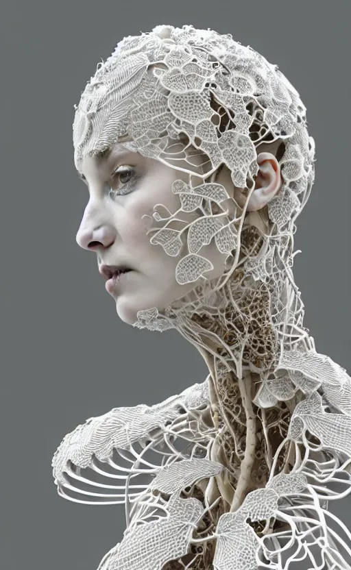 Prompt: complex 3d render ultra detailed of a beautiful porcelain profile woman face, hazel eyes, vegetal dragon cyborg, 150 mm, beautiful natural soft light, rim light, silver white details, roots, fine lace, maze like, mandelbot fractal, magnolia big yellow leaves and stems, anatomical, facial muscles, cable wires, microchip, elegant, white metallic armor, octane render, black and white, H.R. Giger style