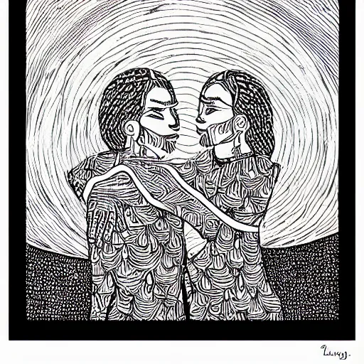 Image similar to lovers, detailed intricate block print, 4k, black ink on white paper