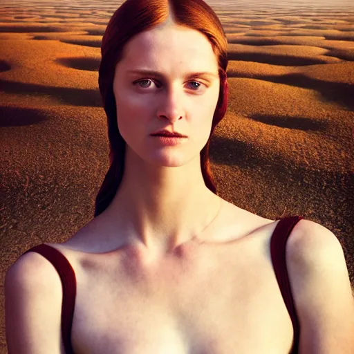 Image similar to photographic portrait of a stunningly beautiful middle ages renaissance female in strong sunshine on a salt flat, contemporary fashion shoot, by edward robert hughes, annie leibovitz and steve mccurry, david lazar, jimmy nelsson, breathtaking, 8 k resolution, extremely detailed, beautiful, establishing shot, artistic, hyperrealistic, beautiful face, octane render