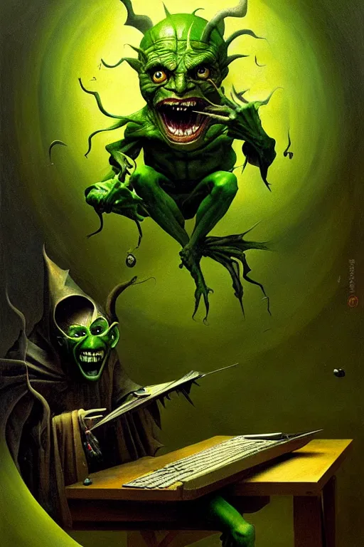 Image similar to hieronymus bosch, greg rutkowski, anna podedworna, painting of a green goblin screaming at a laptop