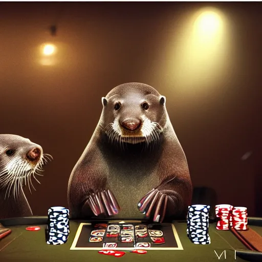 Image similar to otters playing poker, hyper detailed, dramatic lighting, cgsociety, realistic, hyper detailed, insane details, intricate, dramatic lighting, hypermaximalist, golden ratio, rule of thirds, octane render, weta digital, micro details, ultra wide angle, artstation trending, 8 k,